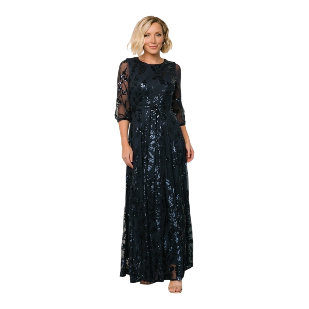 Baltic Born Navy Blue Sequin Illusion Sleeve Gown